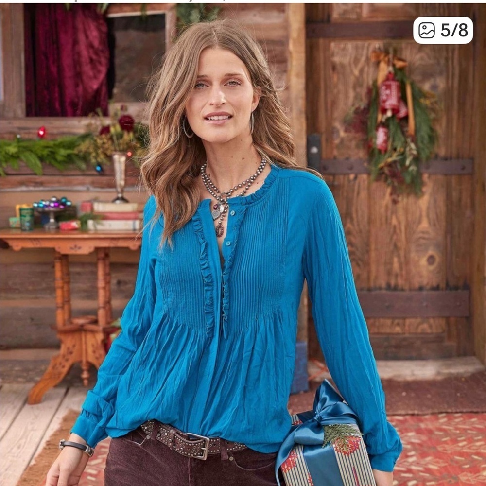 Sundance Sera Ruffle Boho Ribbed Blue Blouse